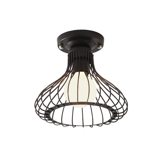 Industrial Black Metal Ceiling Light with Cylinder/Teardrop Shade - 1 Light Corridor Semi Flush Fixture