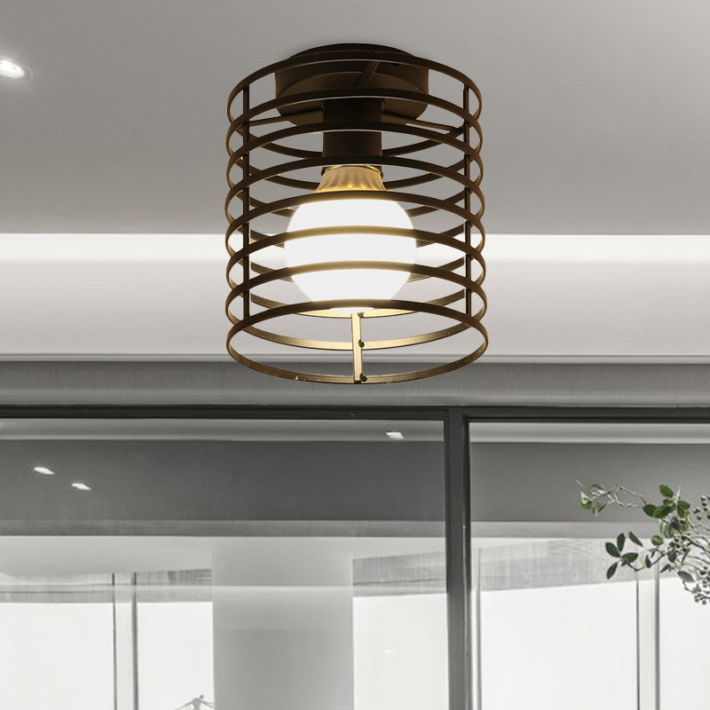 Industrial Black Metal Ceiling Light with Cylinder/Teardrop Shade - 1 Light Corridor Semi Flush Fixture