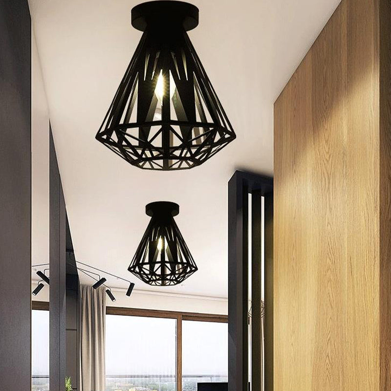 Black Metal Caged Flush Mount Fixture With Diamond Shade - Loft Style 1 Bulb Ceiling Lighting