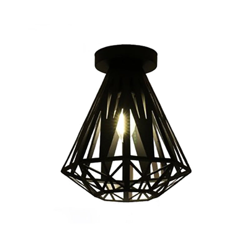 Black Metal Caged Flush Mount Fixture With Diamond Shade - Loft Style 1 Bulb Ceiling Lighting