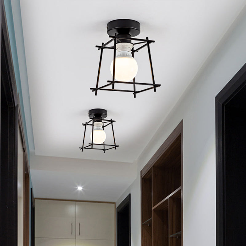 Industrial Metal Semi-Flush Ceiling Light with Wire Guard - Rotatable 1 Head Bedroom Flush Mount Lighting in Black/White