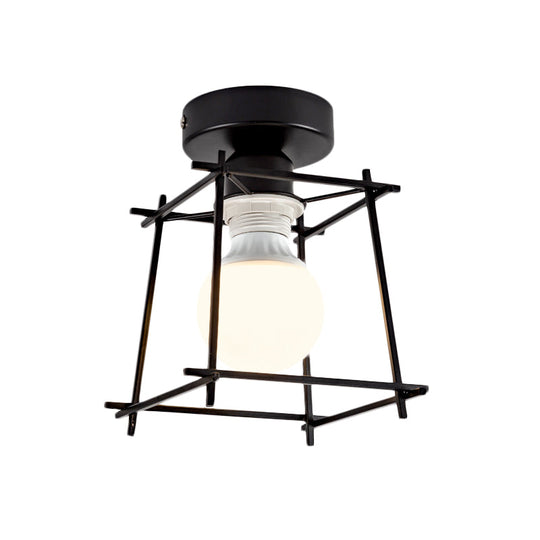 Industrial Metal Semi-Flush Ceiling Light with Wire Guard - Rotatable 1 Head Bedroom Flush Mount Lighting in Black/White