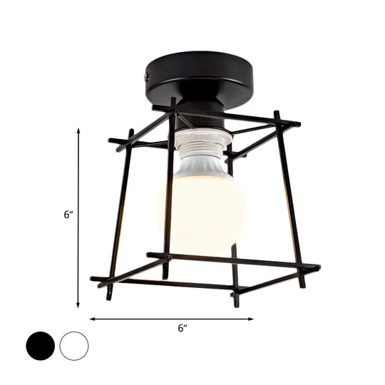 Industrial Metal Semi-Flush Ceiling Light with Wire Guard - Rotatable 1 Head Bedroom Flush Mount Lighting in Black/White