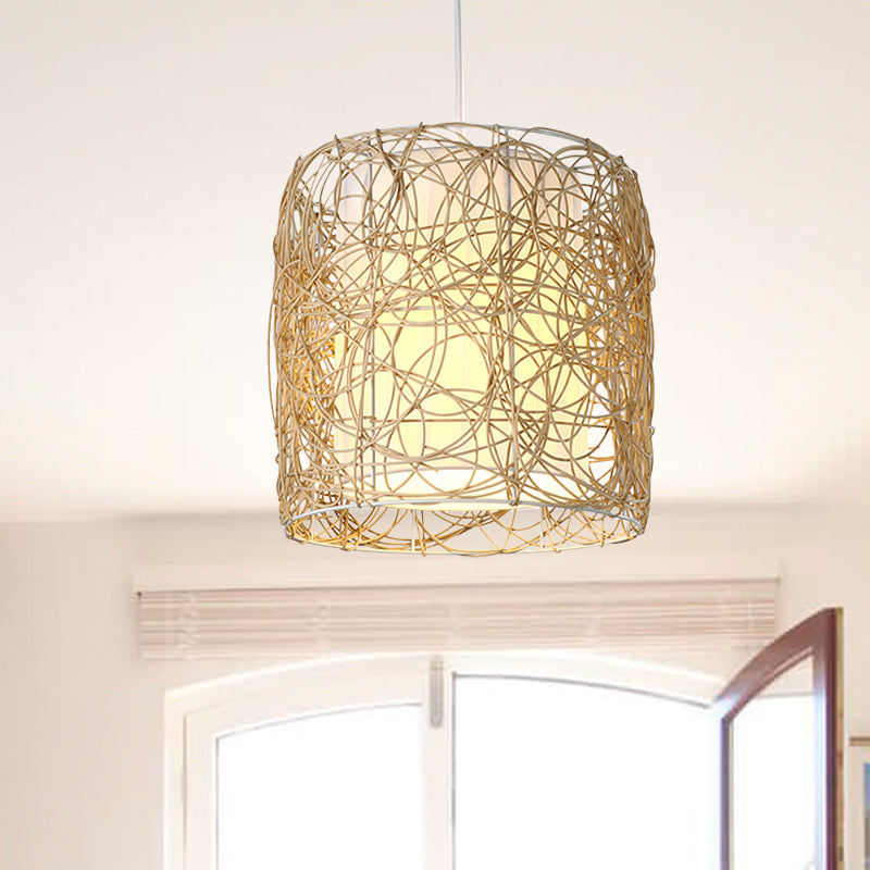 Woven Rattan Pendant Lamp With Rustic Single Head And Fabric Interior Shade