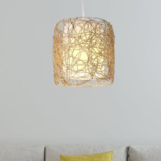 Woven Rattan Pendant Lamp With Rustic Single Head And Fabric Interior Shade