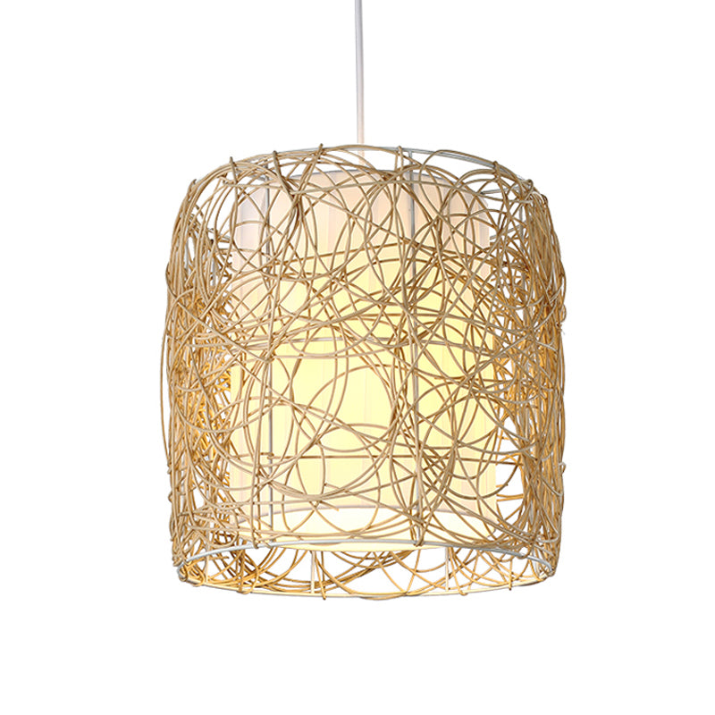 Woven Rattan Pendant Lamp With Rustic Single Head And Fabric Interior Shade