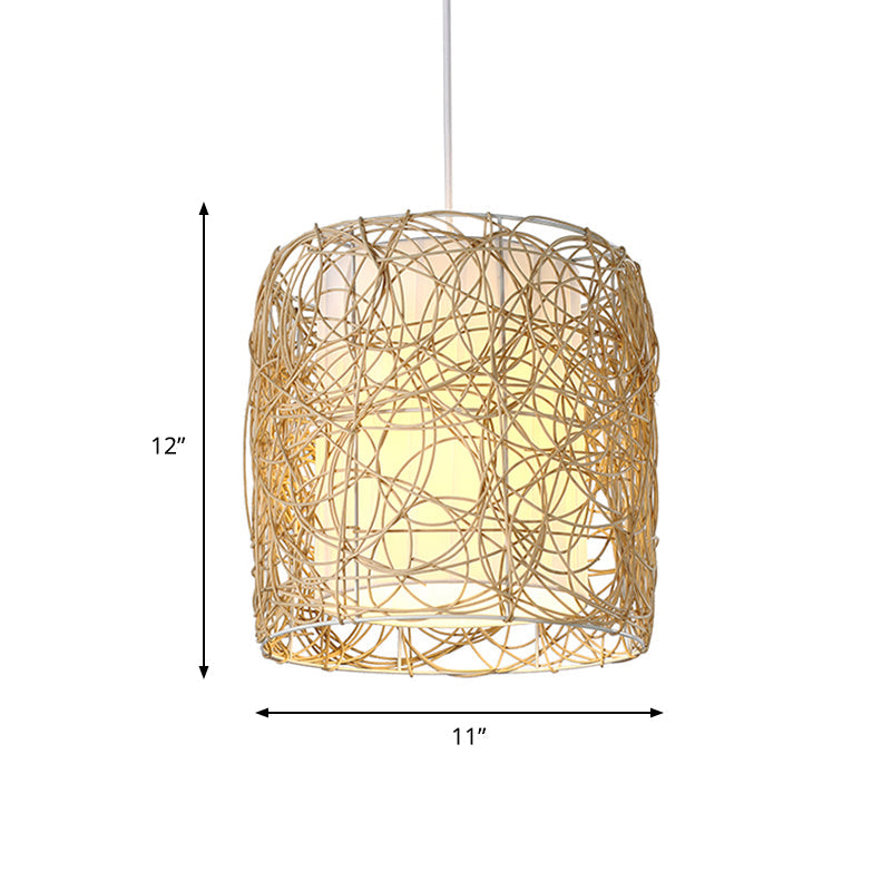 Woven Rattan Pendant Lamp With Rustic Single Head And Fabric Interior Shade