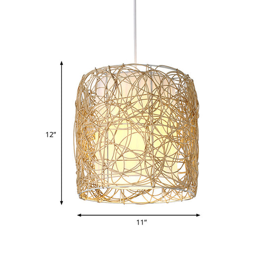 Woven Rattan Pendant Lamp With Rustic Single Head And Fabric Interior Shade