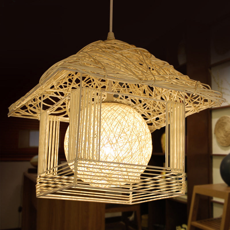 Rustic Rattan House Shaped Hanging Light For Dining Room - Beige/Brown/White 1 Head Drop