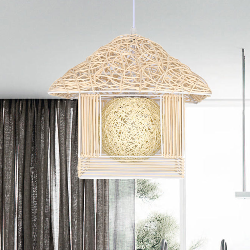 Rustic Rattan House Shaped Hanging Light For Dining Room - Beige/Brown/White 1 Head Drop