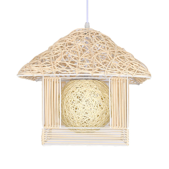 Rustic Rattan House Shaped Hanging Light For Dining Room - Beige/Brown/White 1 Head Drop