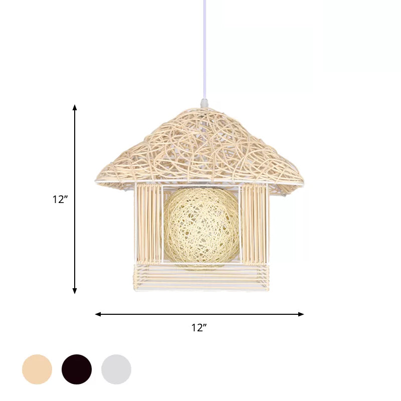 Rustic Rattan House Shaped Hanging Light For Dining Room - Beige/Brown/White 1 Head Drop