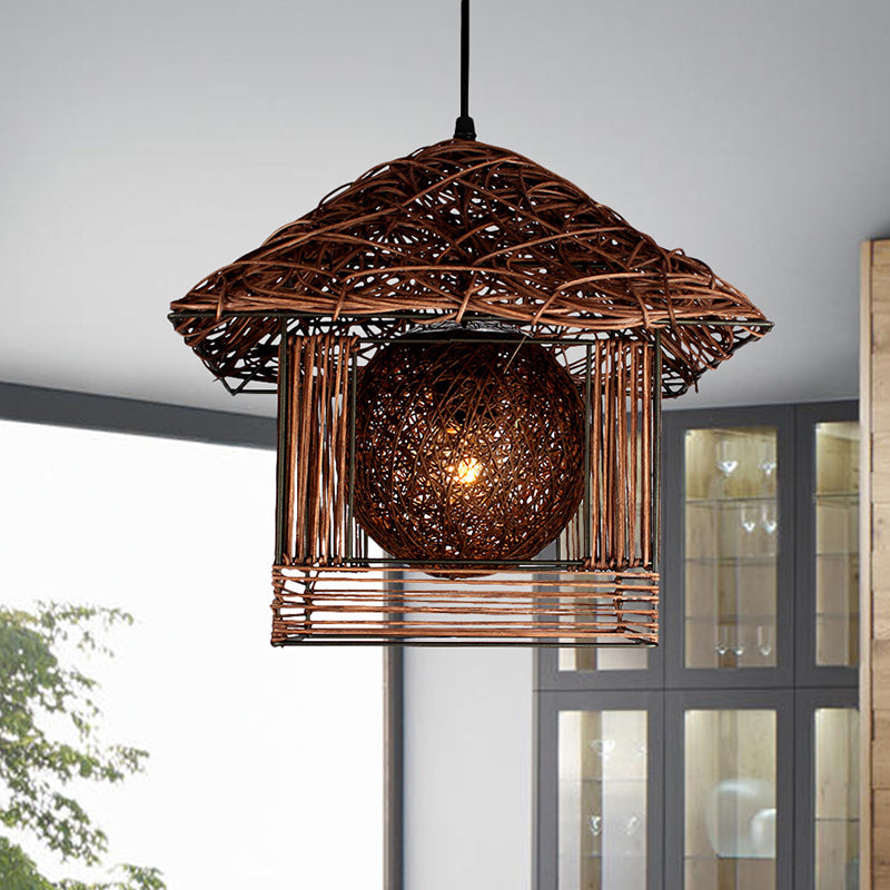 Rustic Rattan House Shaped Hanging Light For Dining Room - Beige/Brown/White 1 Head Drop