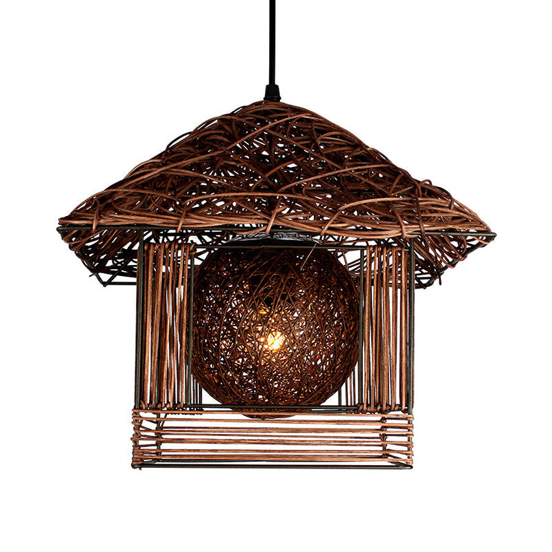 Rustic Rattan House Shaped Hanging Light For Dining Room - Beige/Brown/White 1 Head Drop