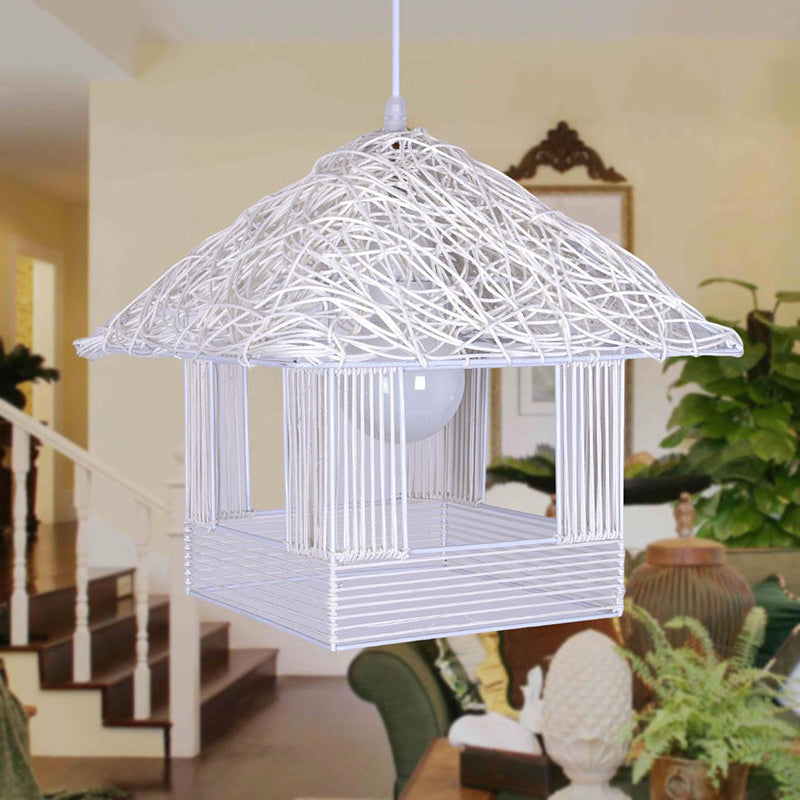 Rustic Rattan House Shaped Hanging Light For Dining Room - Beige/Brown/White 1 Head Drop