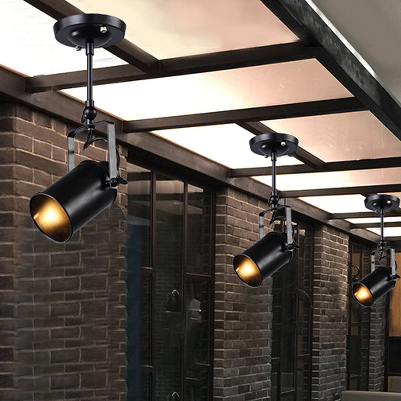 Industrial Style Metallic Cylinder Dining Room Semi-Flush Light Track Fixture - Rotatable, Black/White, 1/2/3 Heads