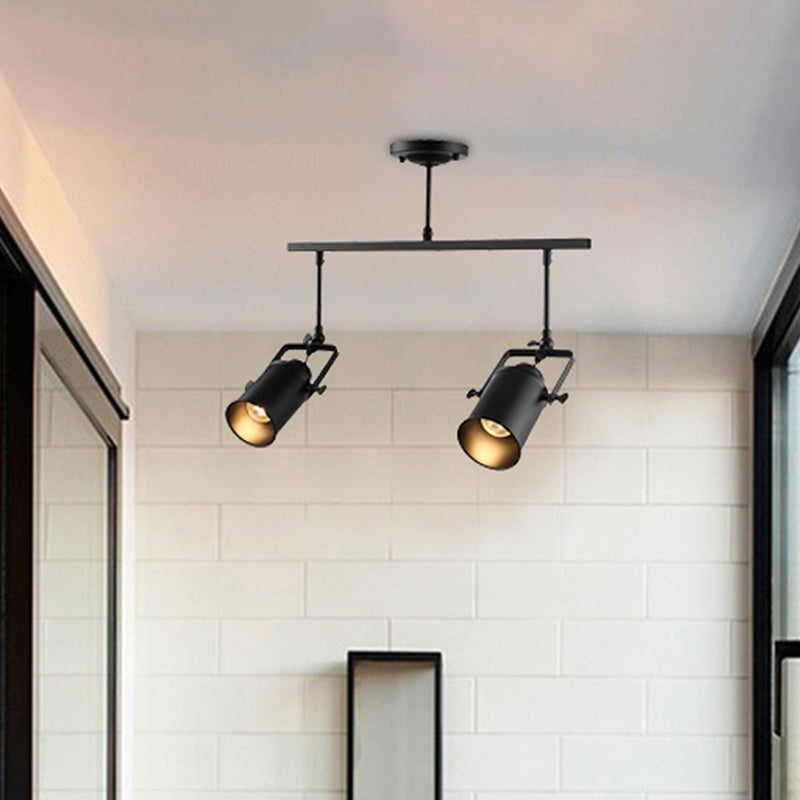 Industrial Style Metallic Cylinder Dining Room Semi-Flush Light Track Fixture - Rotatable, Black/White, 1/2/3 Heads