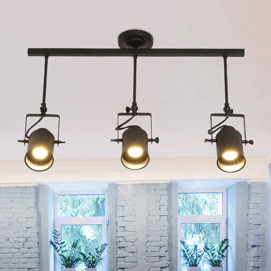 Industrial Style Metallic Cylinder Dining Room Semi-Flush Light Track Fixture - Rotatable, Black/White, 1/2/3 Heads