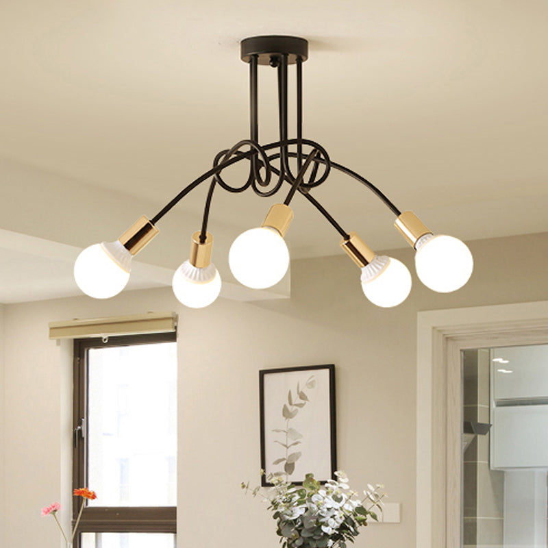 Black/Gold Twisted Industrial Semi Flush Mount Kitchen Ceiling Light with Open Bulb - 3/5/6-Light Metal Fixture