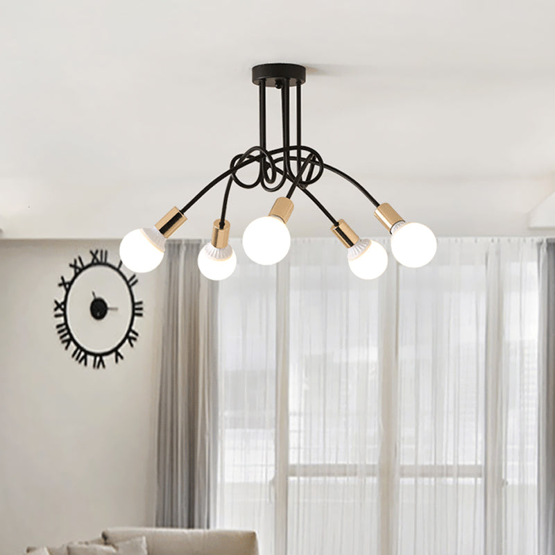 Black/Gold Twisted Industrial Semi Flush Mount Kitchen Ceiling Light With Open Bulb - 3/5/6-Light