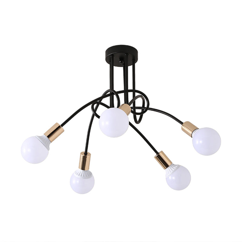 Black/Gold Twisted Industrial Semi Flush Mount Kitchen Ceiling Light with Open Bulb - 3/5/6-Light Metal Fixture