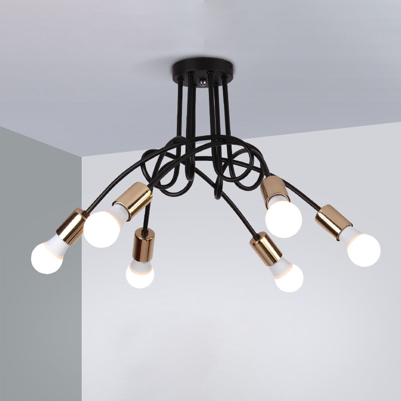 Black/Gold Twisted Industrial Semi Flush Mount Kitchen Ceiling Light with Open Bulb - 3/5/6-Light Metal Fixture