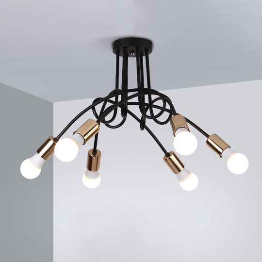 Black/Gold Twisted Industrial Semi Flush Mount Kitchen Ceiling Light With Open Bulb - 3/5/6-Light