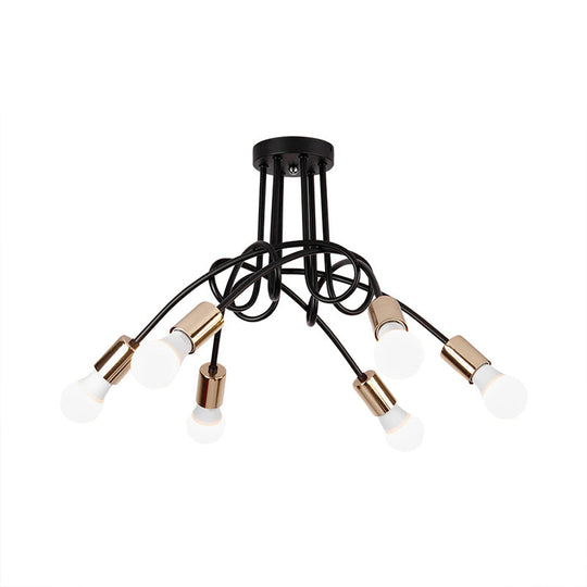 Black/Gold Twisted Industrial Semi Flush Mount Kitchen Ceiling Light with Open Bulb - 3/5/6-Light Metal Fixture