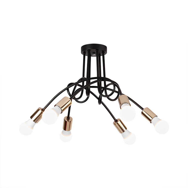 Black/Gold Twisted Industrial Semi Flush Mount Kitchen Ceiling Light With Open Bulb - 3/5/6-Light