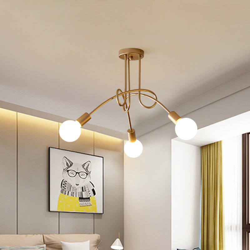 Black/Gold Twisted Industrial Semi Flush Mount Kitchen Ceiling Light with Open Bulb - 3/5/6-Light Metal Fixture