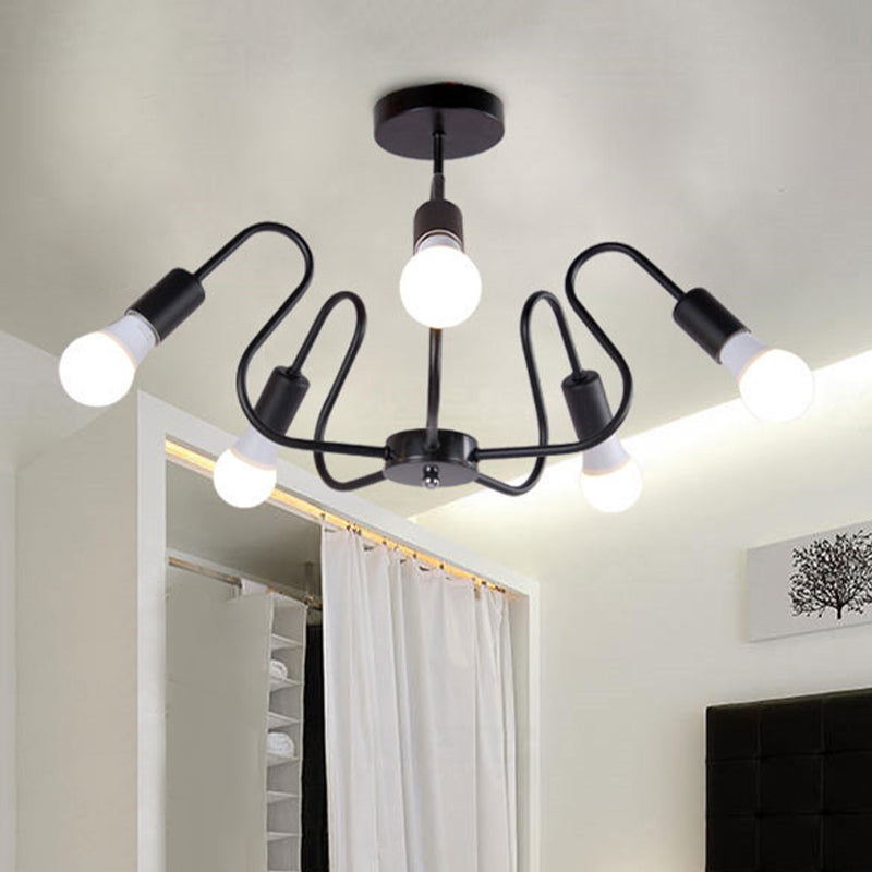 Retro Industrial Metal Semi Flush Mount Ceiling Light with Exposed Bulb - 3/5/6 Heads - Dining Room Lighting - Black/White