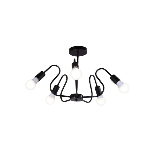 Retro Industrial Metal Semi Flush Mount Ceiling Light with Exposed Bulb - 3/5/6 Heads - Dining Room Lighting - Black/White