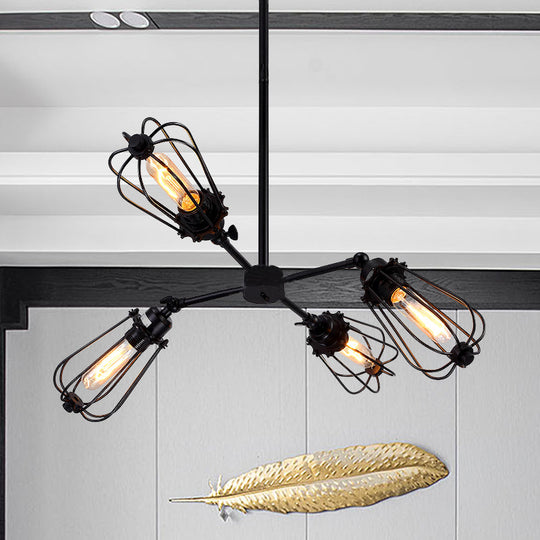 Farmhouse Chandelier Lamp: 4-Head Metal Hanging Light in Chrome/Black Finish