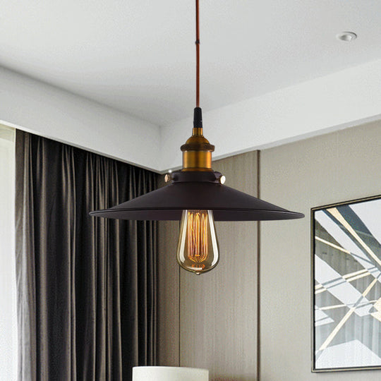 Antiqued Metal Pendant Light With Flare Design - 1 Pulley Hanging Ceiling Lamp In Black