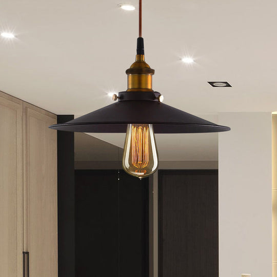 Antiqued Metal Pendant Light With Flare Design - 1 Pulley Hanging Ceiling Lamp In Black