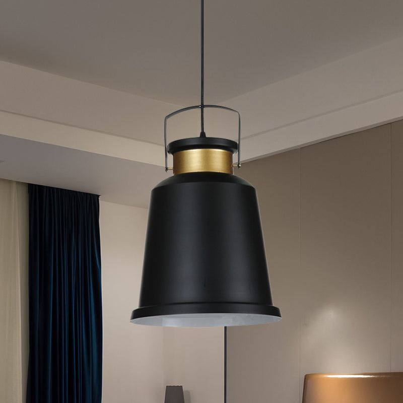 Antiqued Black Bell Pendant Lamp with Aluminum Handle and Down Lighting Bulb