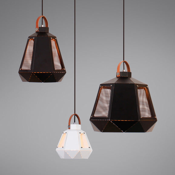 Geometric Dining Room Hanging Light - Industrial Loft Metal Pendant Lamp with Leather Strap, 1 Head, White/Black, Multiple Width Options