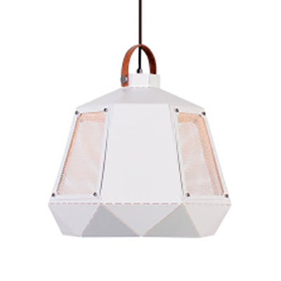 Geometric Dining Room Hanging Light - Industrial Loft Metal Pendant Lamp with Leather Strap, 1 Head, White/Black, Multiple Width Options