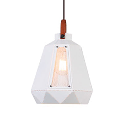 Geometric Dining Room Hanging Light - Industrial Loft Metal Pendant Lamp with Leather Strap, 1 Head, White/Black, Multiple Width Options