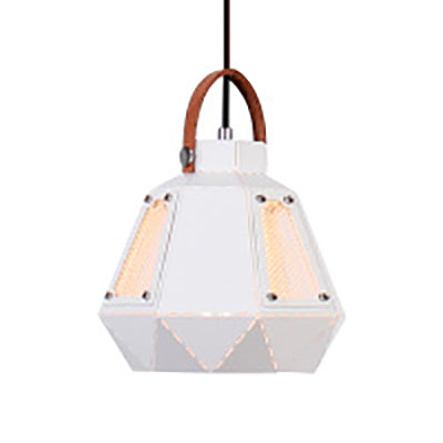 Geometric Dining Room Hanging Light - Industrial Loft Metal Pendant Lamp with Leather Strap, 1 Head, White/Black, Multiple Width Options