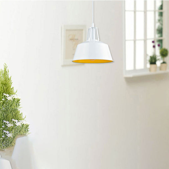 Industrial Barn Pendant Light with Metallic Shade - 1-Light Ceiling Lamp in White, Perfect for Dining Room - 12.5"/16" Width