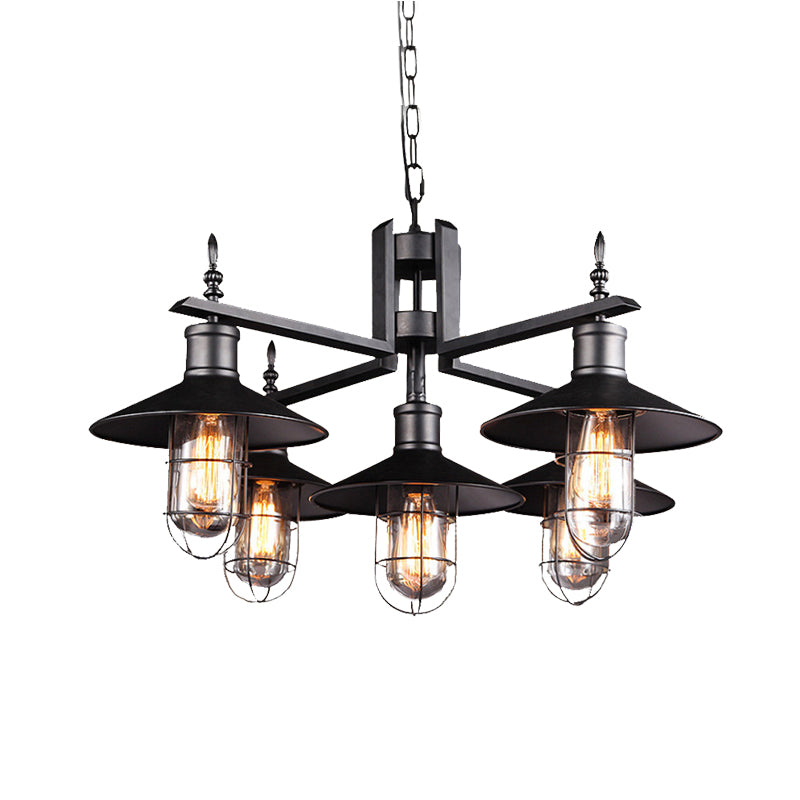 Black Metal 6-Head Caged Pendant Chandelier With Clear Glass Shade