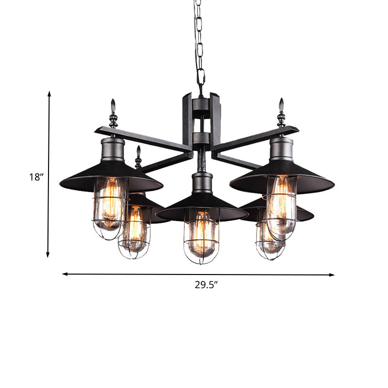 Vintage Wide Flared Pendant Chandelier with 6 Heads and Clear Glass Shade - Black Metal Caged Drop Light