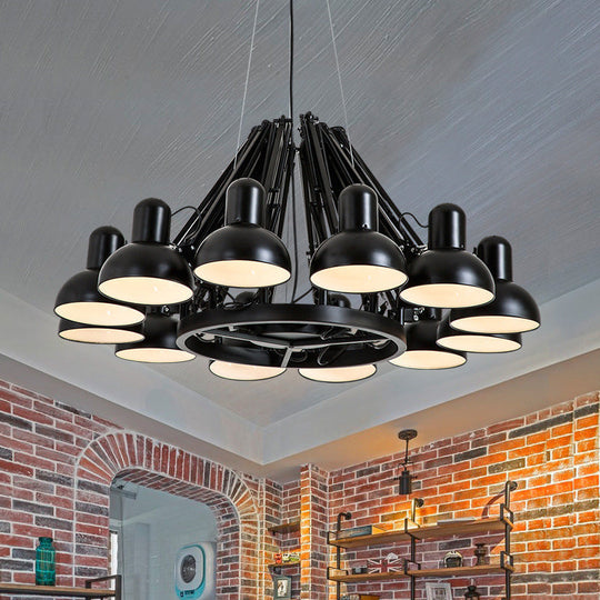 Black/Red Swing Arm Chandelier Lamp With Industrial Metal Finish - 12 Bulbs Hanging Lighting Dome