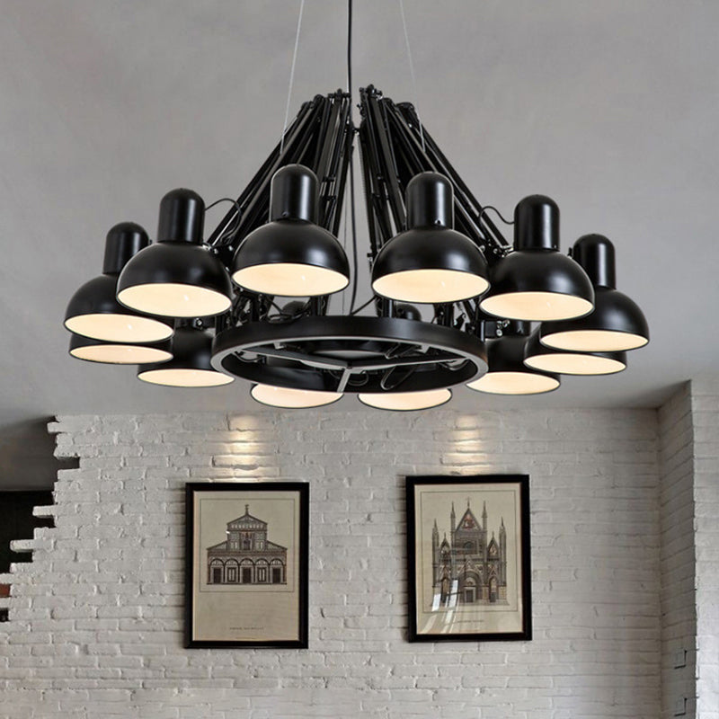 Industrial Metal Swing Arm Chandelier Lamp with Dome Shade and 12 Black/Red Bulbs for Living Room