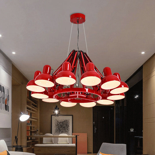 Industrial Metal Swing Arm Chandelier Lamp with Dome Shade and 12 Black/Red Bulbs for Living Room