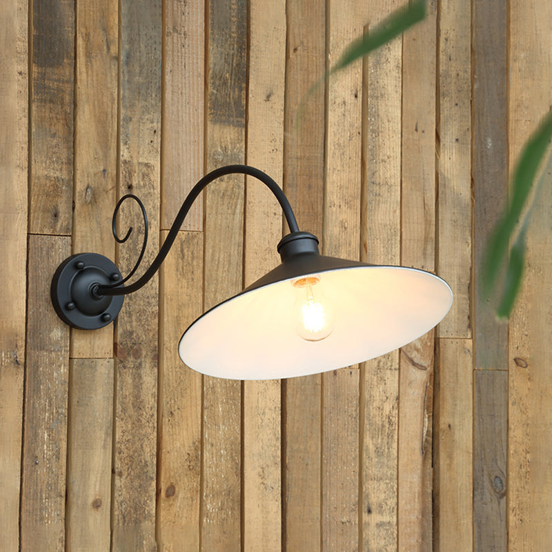 Flared Outdoor Wall Light - Antiqued 1-Light Metal Sconce Lamp With Curved Arm Black/Black & White