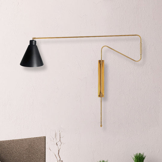 Metal Wall Lamp With Long Curved Arm & Rotatable Cone Shade - Antique Coffee/Black/Gold Finish Ideal