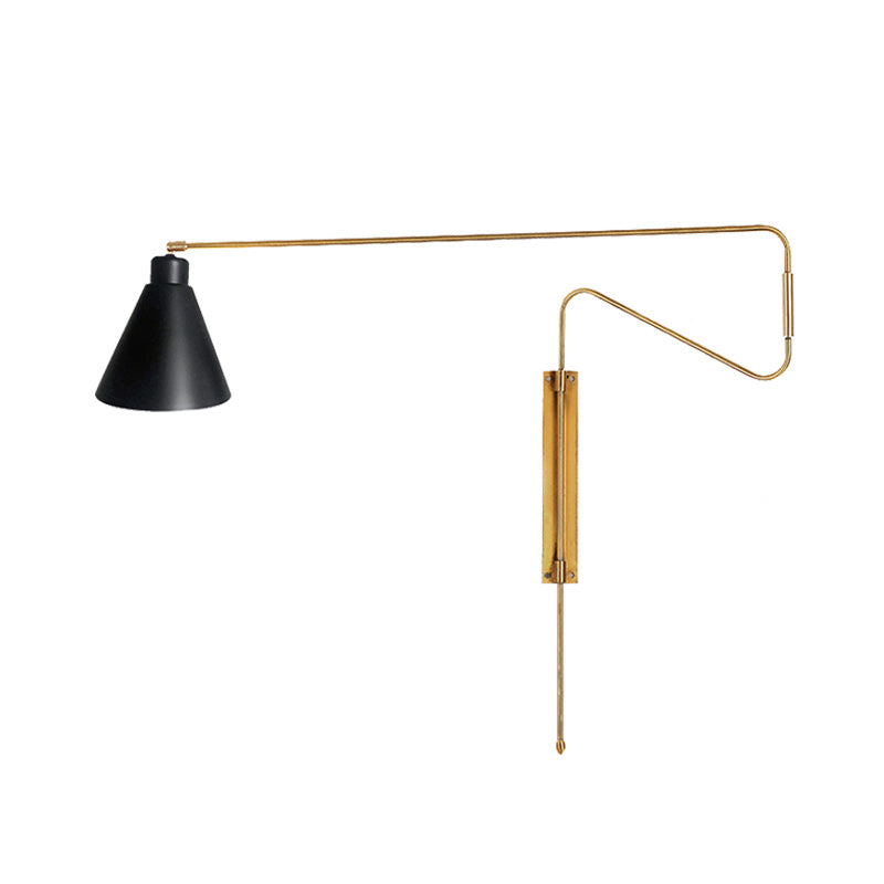 Metal Wall Lamp With Long Curved Arm & Rotatable Cone Shade - Antique Coffee/Black/Gold Finish Ideal