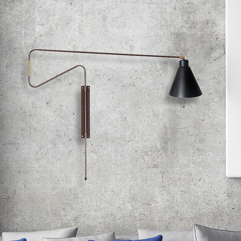 Metal Wall Lamp With Long Curved Arm & Rotatable Cone Shade - Antique Coffee/Black/Gold Finish Ideal